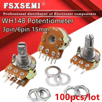 100 Шт./лот Сопротивление Потенциометра WH148 3Pin 6pin 1K 2K 5K 10K 20K 50K 100 500K Ом Линейный Конический Поворотный Потенциометрический Резистор