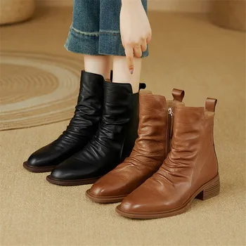 2023 Новые осенне-зимние женские ботинки с круглым носком на массивном каблуке для женщин, короткие ботинки ручной работы, Zapatos De Mujer, ботинки Челси