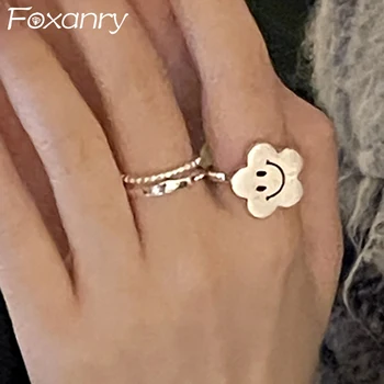 Foxanry Серебряные Обручальные кольца с улыбающимся лицом для женщин, Корейская мода, Креативные геометрические украшения ручной работы, подарки для вечеринок