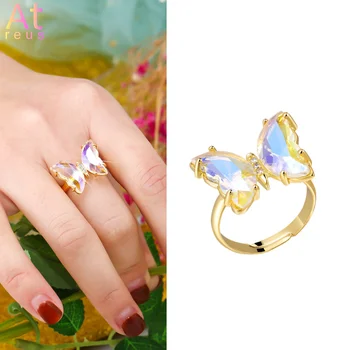 Kpop Розово-фиолетовое хрустальное кольцо с бабочкой, модные популярные женские украшения для вечеринок, регулируемое кольцо с подвесками, подарок лучшему другу, свадебный подарок