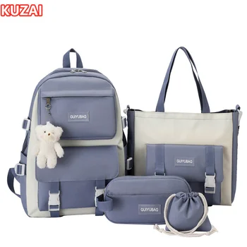 KUZAI, 5 шт./компл., подростковые школьные сумки для девочек, сумка для карандашей, сумка для книг, сумка через плечо, набор детских милых школьных рюкзаков в подарок