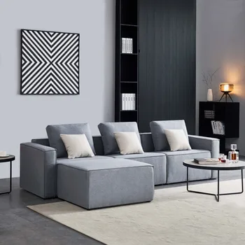 L-образный диван, Льняной секционный диван с широким подлокотником-Серый Современный 3-местный секционный диван с оттоманкой Наборы мебели для гостиной