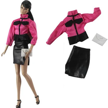 NK 3 предмета/комплект одежды для куклы Модная розовая рубашка с длинным рукавом + Черная юбка + Белая сумочка для аксессуаров для куклы Барби