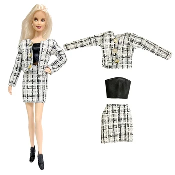 NK Новый осенний клетчатый костюм Модная кукольная одежда Винтажное повседневное пальто с длинным рукавом и юбка для аксессуаров куклы Барби