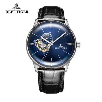 Reef Tiger/ RT, мужские механические часы люксового бренда, Синие Автоматические часы, кожаный ремешок, часы с турбийоном, Relogio Masculino