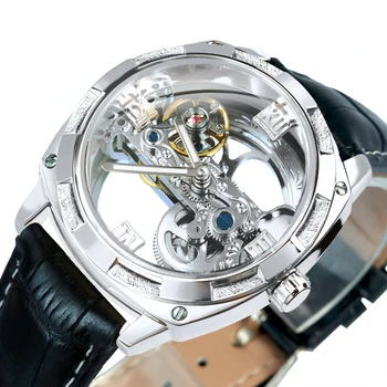 WINNER Роскошные автоматические часы с квадратным скелетоном для мужчин, механические наручные часы, ремень из натуральной кожи, светящиеся Золотые мостовые часы
