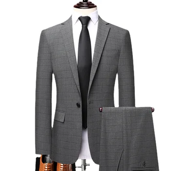 (Блейзер + брюки) Бутик-мужские повседневные костюмы в серую клетку из 2 предметов / Мужские блейзеры на одной пуговице, жакет, пальто, брюки, элегантный мужской костюм