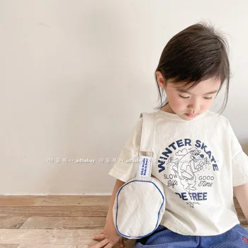 Детская корейская версия льняной хлопковой футболки с короткими рукавами для девочек и мальчиков, простая и модная базовая рубашка