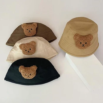 Детская панама с мультяшным медведем, детская Однотонная Уличная панама, Рыбацкая кепка, Весенне-летние солнцезащитные шляпы для маленьких мальчиков и девочек