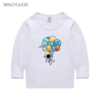 Детские футболки с воздушным шаром и астронавтом из 100% хлопка, повседневная футболка с длинными рукавами для маленьких мальчиков и девочек, топы с героями мультфильмов, забавная одежда