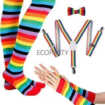 Детский комплект радужных костюмов, радужные перчатки без пальцев, гольфы, галстук-бабочка и подтяжки для костюмированной вечеринки.