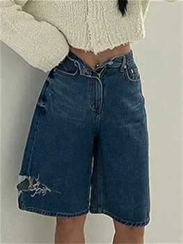 Джинсовые шорты Женские Летние 2023 С высокой талией, Мешковатые, широкие, Рваные Короткие джинсы, повседневные Винтажные Корейские джинсовые шорты Y2k