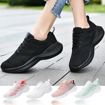 Женские кроссовки для бега, нескользящая дышащая женская спортивная обувь, женская мягкая обувь из сетчатого материала на шнуровке, уличные кроссовки на плоской подошве.