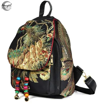 Женский рюкзак Abuyall, расшитый цветочными блестками и павлином, этническая школьная сумка через плечо, дорожный рюкзак, сумочка ручной работы из искусственной кожи в стиле бохо.
