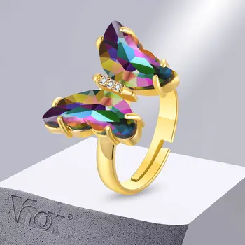 Женское кольцо с бабочкой Vnox из нержавеющей стали регулируемого размера с разноцветными стеклянными украшениями в виде бабочек в виде животных