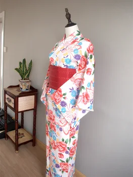 Женское японское традиционное кимоно с цветочным принтом Obi, фестивальный костюм Юката для косплея, фотография длинного платья