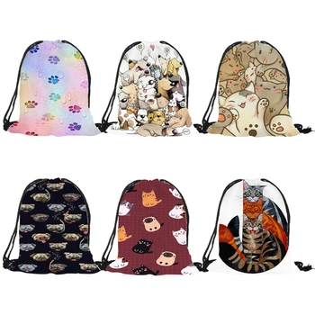 Индивидуальные сумки на шнурках с принтом милого мультяшного котенка и щенка с двойными бортами для женщин и мужчин, школьный рюкзак для путешествий на шнурке