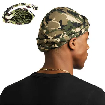 Камуфляж гало тюрбан для мужчин на атласной подкладке тюрбаны мягкий поворот головы, обернуть шелковой подкладке Durags улица хип-хоп шляпа мужской