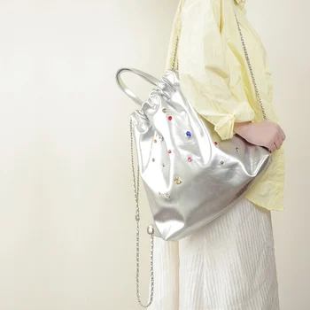 Классические женские рюкзаки из серебра с драгоценными камнями, модные Корейские цепочки, школьные сумки, женские повседневные покупки, рюкзак для девочек на шнурке для путешествий