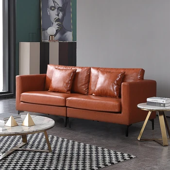 Кожаный диван Loveseat Для Гостиной, Удобная 3-Местная Мебель для Отдыха с Квадратными Подлокотниками, Съемными Подушками и Валиками-Коричневый