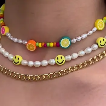 Корейская фруктовая улыбка, Белое жемчужное ожерелье из бисера для женщин, разноцветные ожерелья-чокеры ручной работы из рисовых бусин, летние украшения Sweet Girl