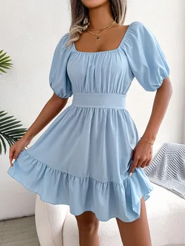 Короткие платья, женский сарафан, пляжное платье с пузырчатым рукавом, женская одежда, женская одежда с квадратным вырезом, летнее платье с оборками, женское платье