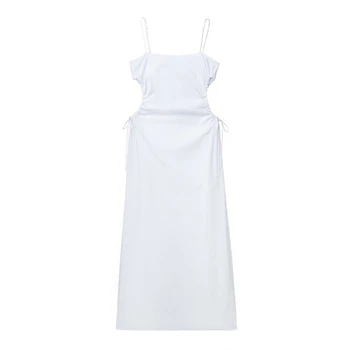 Летнее новое модное платье с разрезом и воротником в одно слово, Тонкое Белое платье на подтяжках