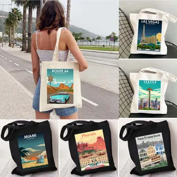 Майами, Нью-Йорк, Чикаго, Сиэтл, Феникс, Вашингтон, Сан-Франциско, пляжи, женская холщовая сумка для покупок, сумка для покупок