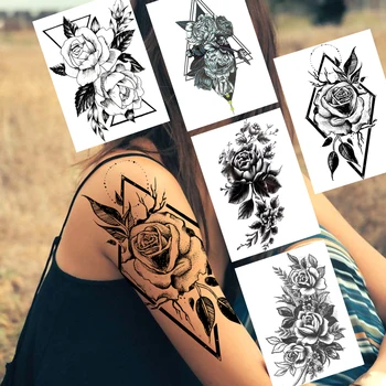 Модные временные татуировки с черным цветком, наклейка для женщин, боди-арт, татуировки на руках для фестиваля, реалистичные поддельные геометрические татуировки с розами
