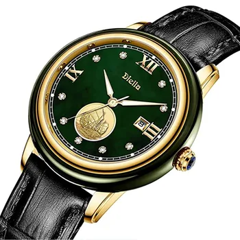Модные мужские нефритовые кварцевые часы Diella, календарь, светящийся ремешок из натуральной кожи, мужские женские наручные часы из темно-зеленого нефрита в подарок