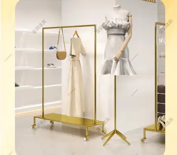 Напольный стеллаж для выставки товаров магазина одежды нержавеющая сталь титан золото подвесная вешалка для одежды магазин женской одежды Nakajima display