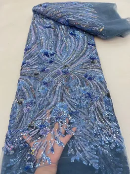 Небесно-голубая Нигерийская элегантная ткань с пайетками ручной работы 2023 г. Тяжелая роскошная Африканская тюлевая ткань French для пошива свадебных вечерних платьев