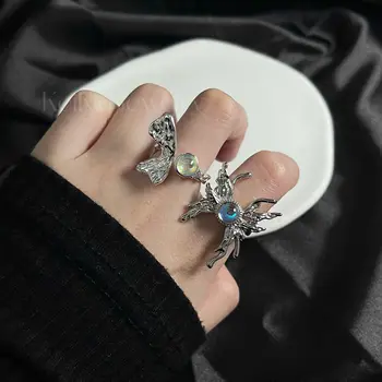 Открытые кольца из жидкого металла в стиле панк Неправильной формы с бабочкой Набор для женщин Эстетическое Кольцо Egirl в готическом стиле Модные Нишевые ювелирные аксессуары
