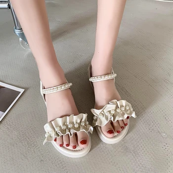 Прямые полосы сплошной цвет мода сандалии женщин 2023 сказочном стиле летних толстым дном жемчуг эластичный Римская Женская обувь