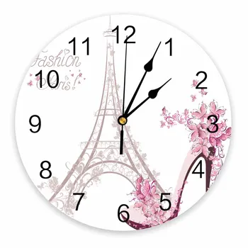 Розовая Парижская башня, Женские белые декоративные Круглые настенные часы, Индивидуальный дизайн, Не Тикающие, Бесшумные Спальни, Большие настенные часы.