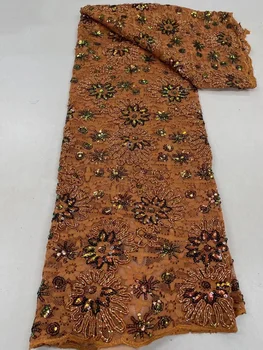 Роскошный Африканский жених, кружевная ткань с блестками, Высококачественная вышивка из тяжелого бисера, Французский тюль, кружевное Нигерийское свадебное платье PL382-7