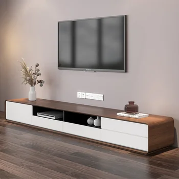 Современная деревянная подставка для телевизора белого цвета, Низкая медиа-консоль с 4 выдвижными ящиками, Открытый шкаф для хранения, Шпон орехового дерева, Полностью собранный, 78 дюймов