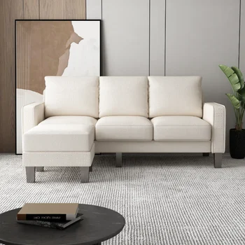 Современная мебель для гостиной L-образный диван с пуфиком Из бежевой ткани Бежевая ткань [На складе в США]