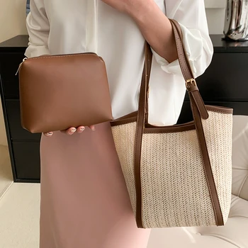 Стильная простая дизайнерская сумка-тоут из соломенной ткани, женская маленькая сумка для подмышек, кожаная сумка через плечо, женская сумка с кошельком, летние сумки