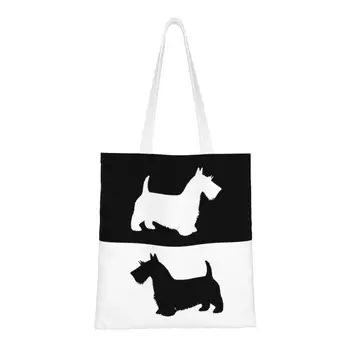 Сумки для покупок с забавным принтом шотландского терьера, моющаяся холщовая сумка-шоппер для собак Scottie на плечо