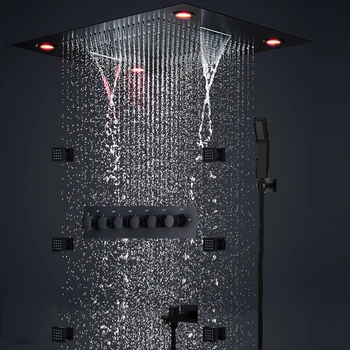 Термостатический светодиодный дождевой душ со светодиодной подсветкой для ванной комнаты, потолочный водопад, массажные форсунки для тела, 2 дюйма, 5 функций, смесительный клапан для ванны