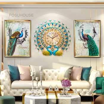 Фоновое украшение стены гостиной настенные часы в китайском стиле креативные часы с павлином, настенная роспись в виде головы оленя, подвешенные на стену
