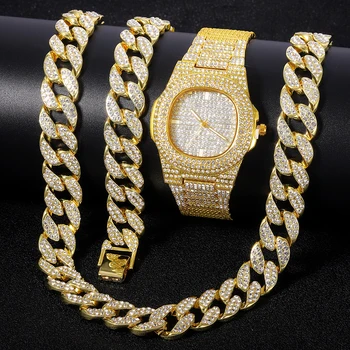 Хип-хоп Мужчины Женщины Iced Out Watch 3ШТ КОМПЛЕКТ роскошных часов Ювелирный набор Часы + Ожерелье + браслет Bling 16 мм Кубинская цепочка подарок