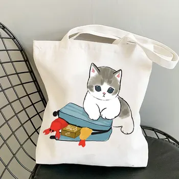 Холщовая женская сумка для покупок с милым котом, сумка для студенческих книг, сумки на плечо с животными, многоразовая сумка для покупок, белая сумка для девочек